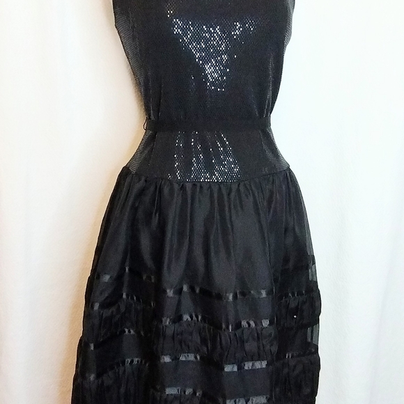 ST. JOHN EVENING Black Sparkle Knit & Organza Dress / 1920s Style Gatsby